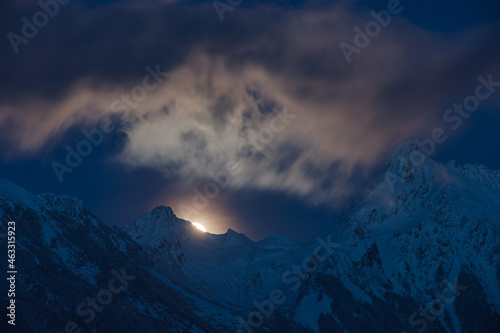 A night view of the snow-capped Alps in Austria