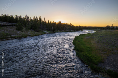 Firehole River ay Midway Geyser Basin at sunset, Yellowstone National Park Wyoming.
