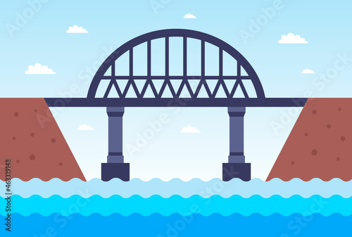 an iron bridge across the river to the other side. flat vector illustration.