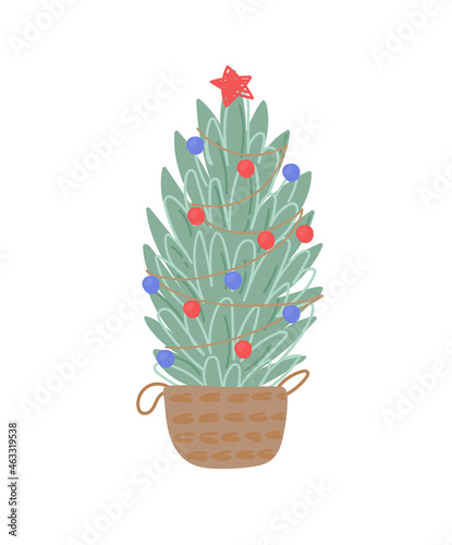 hristmas tree in a wicker basket. Vector illustration in flat style on a white background