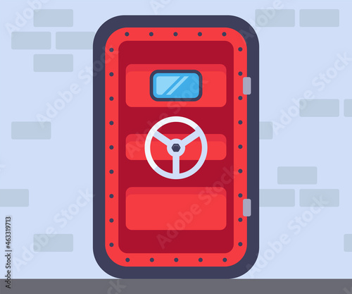 heavy red bunker door. hide in a bomb shelter. flat vector illustration.