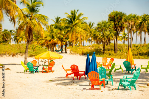 Colorful lounge chairs on the beach