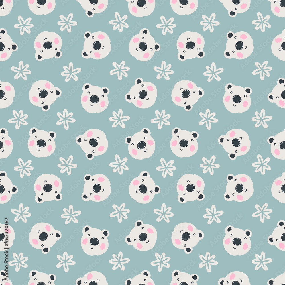 Seamless winter pattern with polar bears and snowflakes. Perfect for T-shirt, textile and prints. Hand drawn illustration for decor and design.