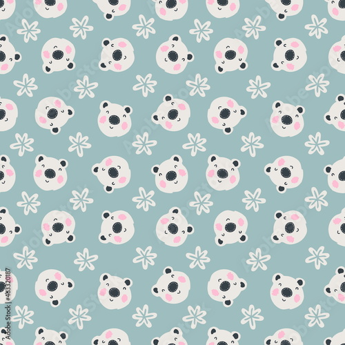 Seamless winter pattern with polar bears and snowflakes. Perfect for T-shirt, textile and prints. Hand drawn illustration for decor and design.