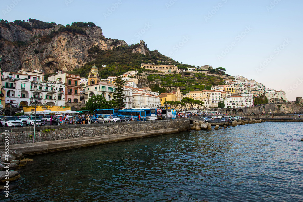 AMalfi, Italy : 03 april 2019 : Panoramic view of beautiful Amalfi on hills leading down to coast, Campania, Italy. Amalfi coast is most popular travel and holiday destination in Europe.