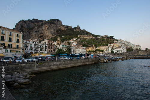 AMalfi, Italy : 03 april 2019 : Panoramic view of beautiful Amalfi on hills leading down to coast, Campania, Italy. Amalfi coast is most popular travel and holiday destination in Europe.