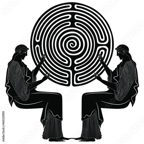 Two ancient Greek women or goddesses holding round spiral maze or labyrinth symbol. Creative concept. Black and white silhouette.