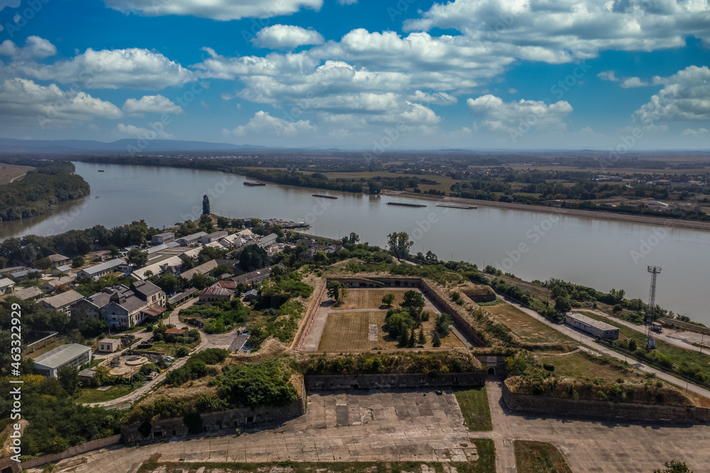 Aerial view of the old and new fortress of Komarno Komarom the largest military fortification in Central Europe on two sides of the Danube river
