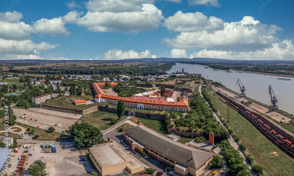 Aerial view of the old and new fortress of Komarno Komarom the largest military fortification in Central Europe on two sides of the Danube river