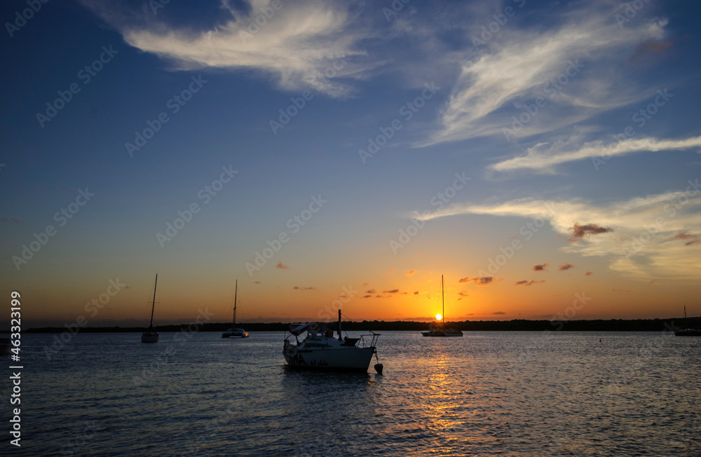 Boats at sunset at Jacare beach, Cabedelo, near Joao Pessoa, Paraiba, Brazil on April 3, 2004.