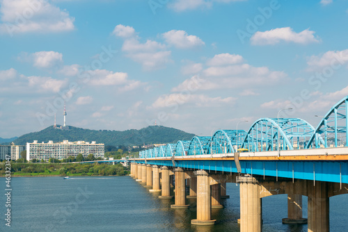 Dongjak Bridge and Han river park in Seoul, Korea photo