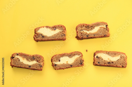 Top View Sliced Banana Bread (Banana Cake) with Cream Cheese Filling with Copy Space