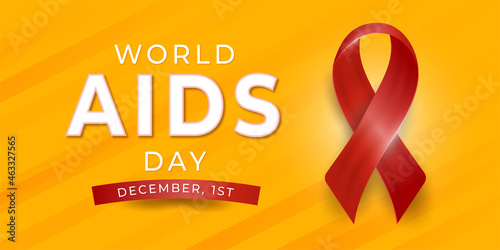 Realistic banner world aids day with ribbon on yellow background