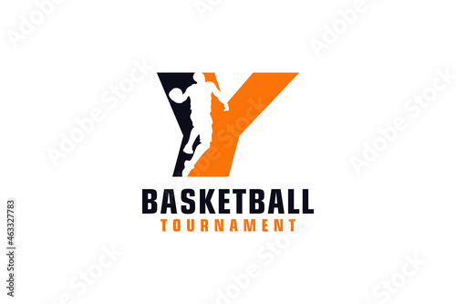 Letter Y with Basketball Logo Design. Vector Design Template Elements for Sport Team or Corporate Identity.