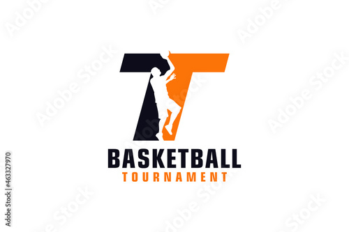 Letter T with Basketball Logo Design. Vector Design Template Elements for Sport Team or Corporate Identity.