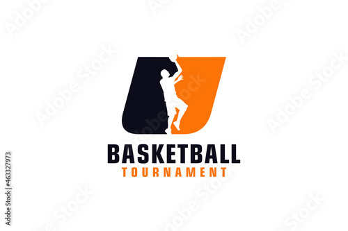 Letter U with Basketball Logo Design. Vector Design Template Elements for Sport Team or Corporate Identity.