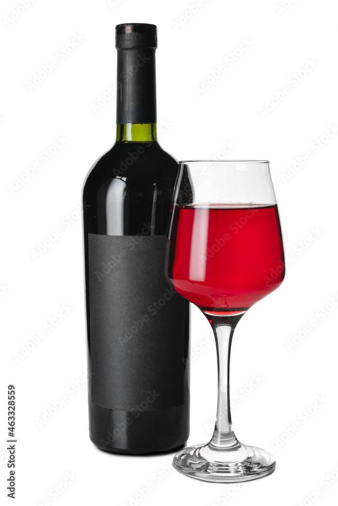 Glass and bottle of delicious red wine on white background Glass and bottle of delicious red wine on white background