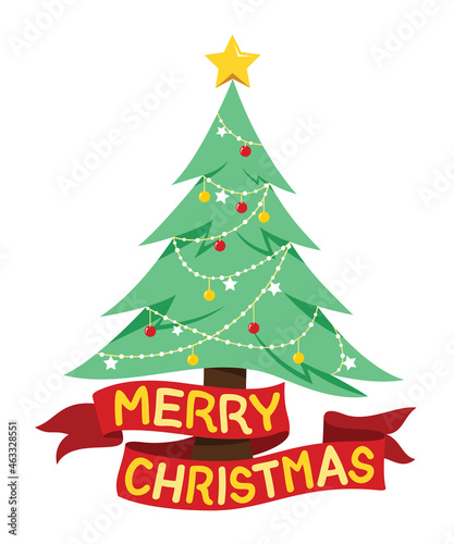 The Decorative Pine Tree and a Ribbon Flag of Merry Christmas Words.