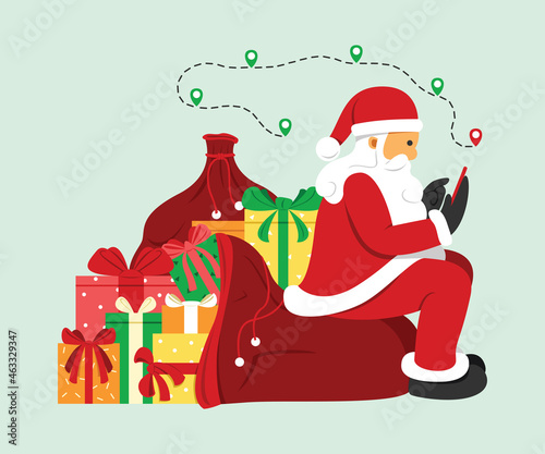 The Santa Claus Sit on a Pile of Presets and Search a Location on Mobile Phone.