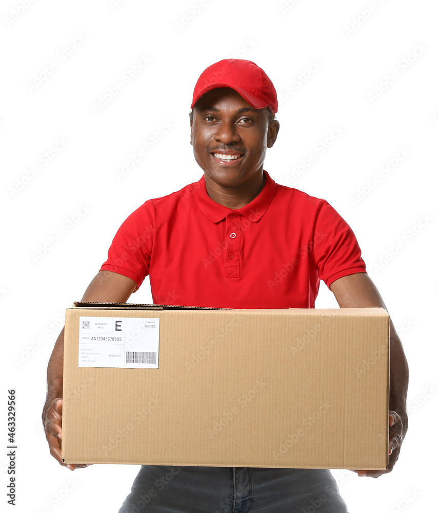 African-American delivery man with parcel on white background African-American delivery man with parcel on white background
