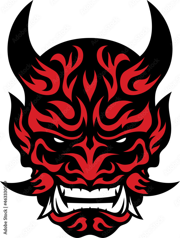 Black And Red Devil Head Tattoo On Right Shoulder