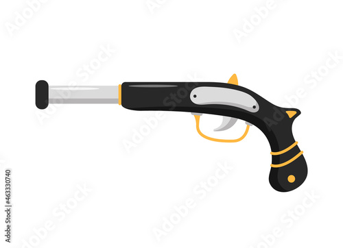 Pirate antique gun. Carnival costume props. Party adventure. Piracy icon isolated on white background. Vector illustration in flat cartoon style.