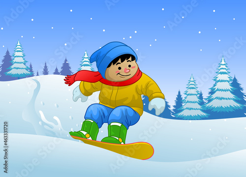 cartoon Boy playing snowboard in the winter