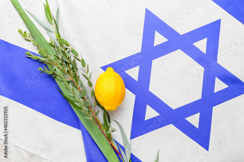 Sukkot festival symbols on flag of Israel photo