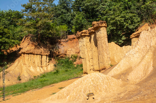 Within a national park named Phae Mueang Phi caused by the terrain which is the soil and sandstone was naturally eroded into various shapes that are In Phrae Province of Thailand.