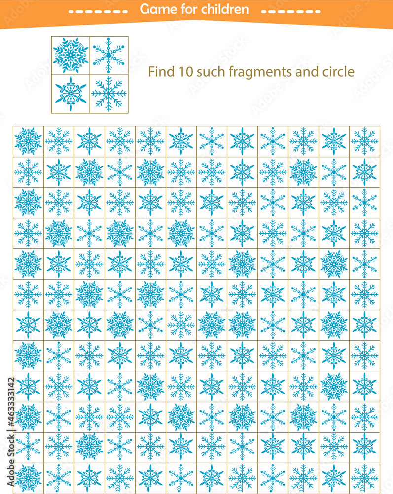  A game for children. Find the snowflakes shown in the sample. Development of attention, thinking
