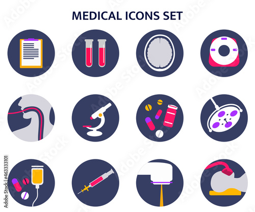 A vector set of medical icons in a flat style, isolated on a white background. For normal clinics, cancer hospitals, diagnostics and treatment - radiotherapy, chemo, surgery. 