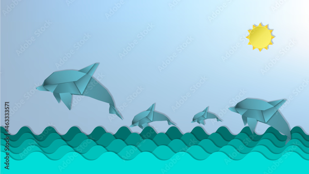 Paper cut and craft design. Jumping dolphin in sea waves.