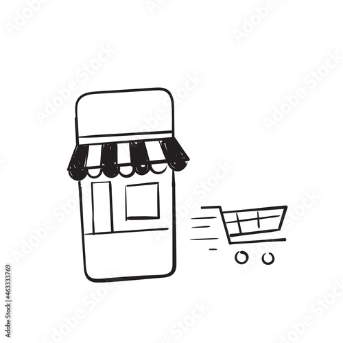 hand drawn doodle online store on mobile and shopping cart illustration