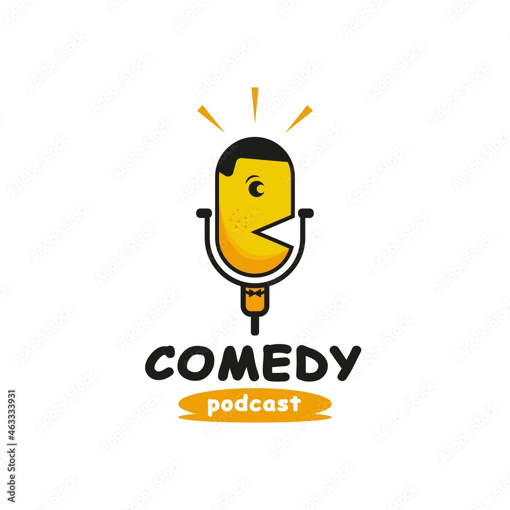 Fun and Comedy Podcast Logo Design. With yellow microphone and funny face  icon. Simple and funny logo template Stock Vector | Adobe Stock
