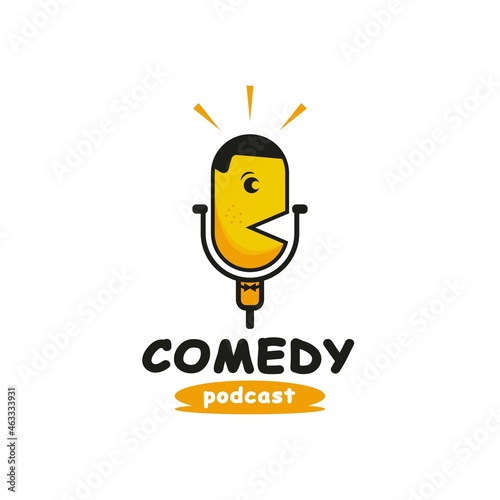 Fun and Comedy Podcast Logo Design. With yellow microphone and funny face icon. Simple and funny logo template