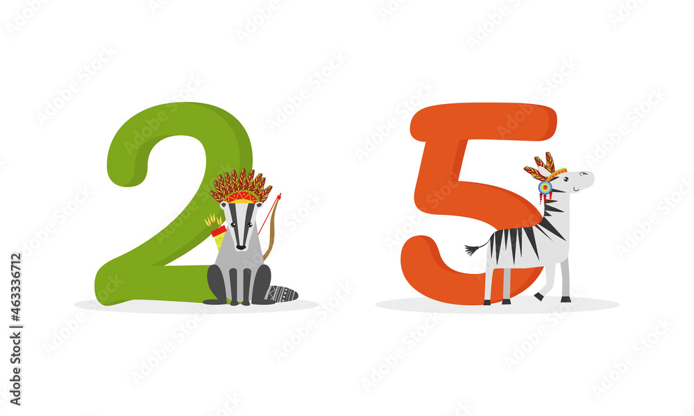 Number or Numeral with Cute Raccoon and Zebra Animal with Feathered Band and Quiver with Arrow Vector Set Number or Numeral with Cute Raccoon and Zebra Animal with Feathered Band and Quiver with Arrow Vector Set