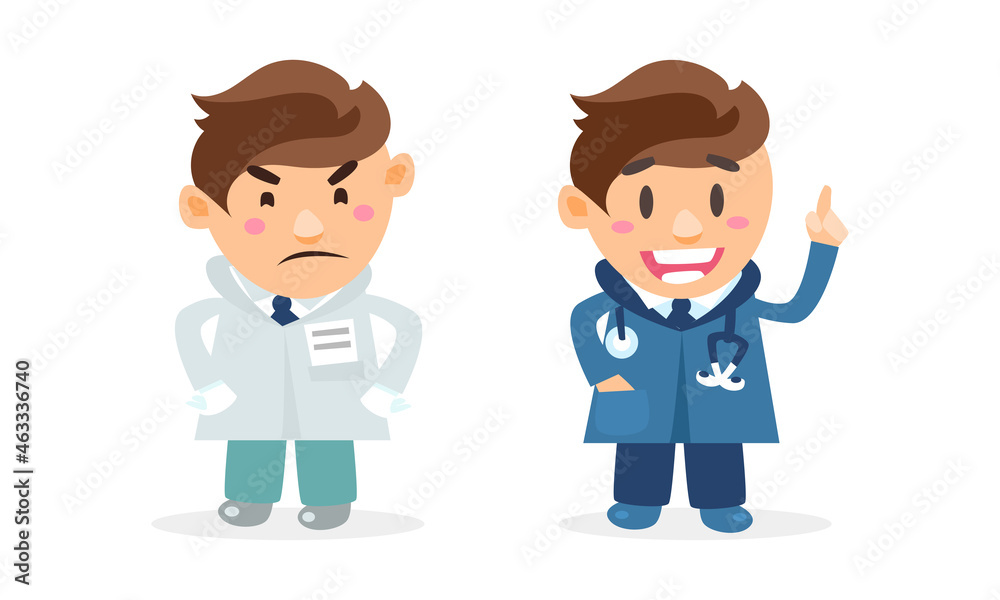 Doctor Comic Man in Uniform with Name Badge Feeling Angry and Giving Advice Vector Set