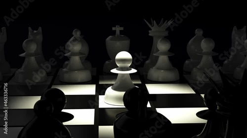 3D rendering illustration. Plastic chess pieces on chess board. White pawn take first step