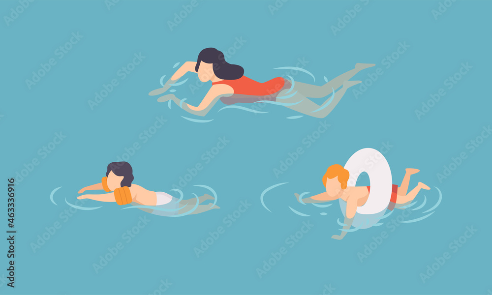Woman and Kids with Rubber Armband and Ring Floating in Blue Sea Water Vector Set