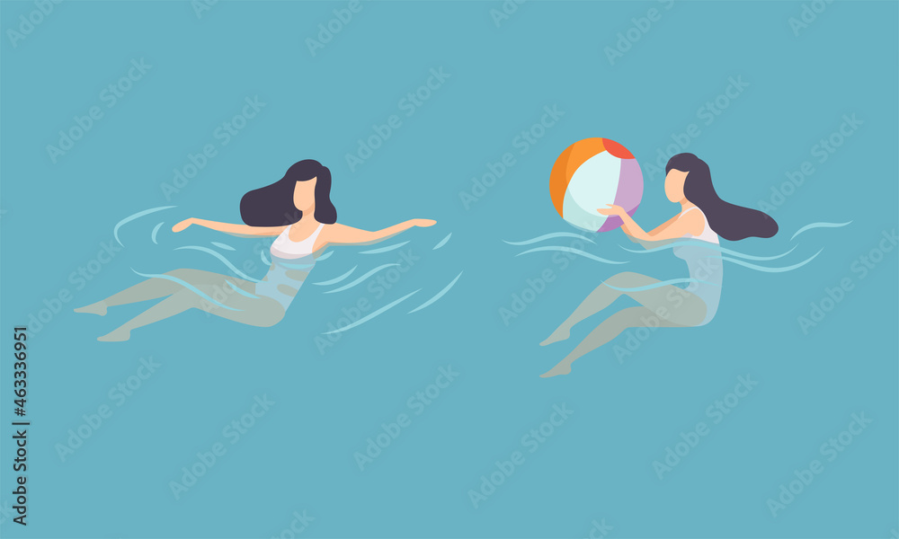 Woman Rubber Ball Floating in Blue Sea Water Vector Set
