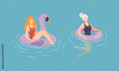 Woman with Rubber Ring Floating in Blue Sea Water Vector Set