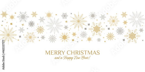 White Christmas Background with Border made of Gold Stars and Silver Snowflakes. Chic Christmas Greeting Card. Vector illustration