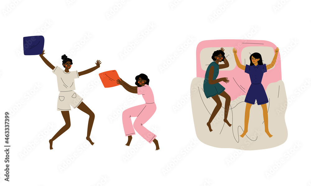 Female Friend Spending Time Together Pillow Fighting and Lying on Double Bed Talking Vector Set