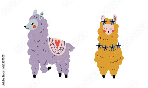 Pretty Wooly Llama or Alpaca as Adorable Fairy Animal Vector Set