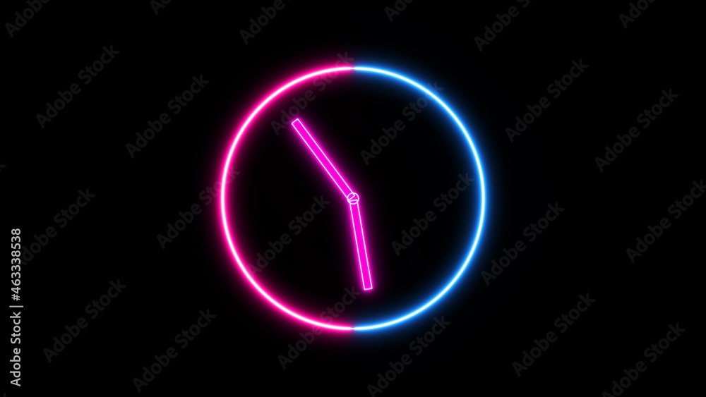 Clock Neon Sign. Illustration of Business Promotion. UI icon with neon light isolated in black background. Clock Neon Sign. Illustration of Business Promotion. UI icon with neon light isolated in black background.