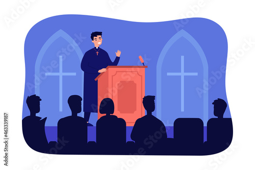 Catholic priest speaking on podium of church. Preaching of reverend father standing at tribune flat vector illustration. Religious speech concept for banner, website design or landing web page photo