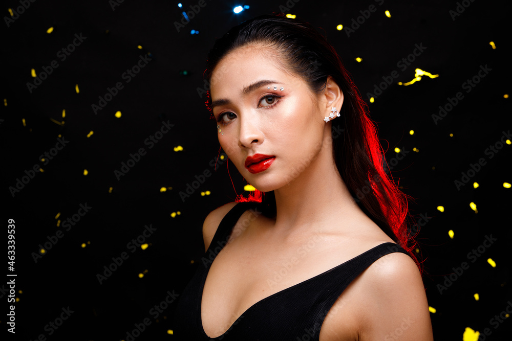 Half Body Portrait of 20s Asian beautiful Woman black hair dress skirt. Cute Sexy Girl Half Body Portrait of 20s Asian beautiful Woman black hair dress skirt. Cute Sexy Girl