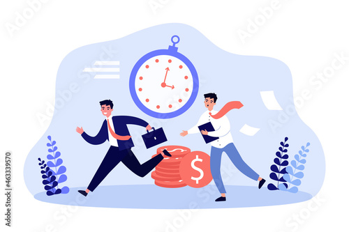 Busy business people running fast, late for deadline. Tiny office workers making money, working flat vector illustration. Time management concept for banner, website design or landing web page