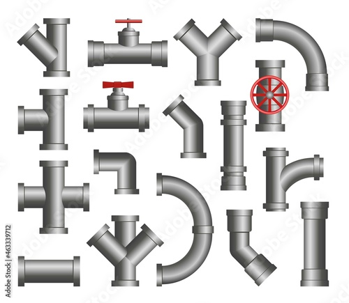 Steel pipes cartoon vector illustration set. Isolated icons of metal pipeline connection, valves, flanges, drains for water or oil system..Industrial plumbing, engineering, tube construction concept.