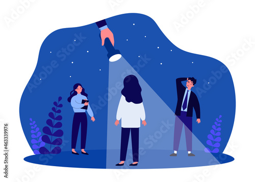 Hand with spotlight showing new employee to company team. HR manager choosing candidate flat vector illustration. Recruitment, job interview concept for banner, website design or landing web page